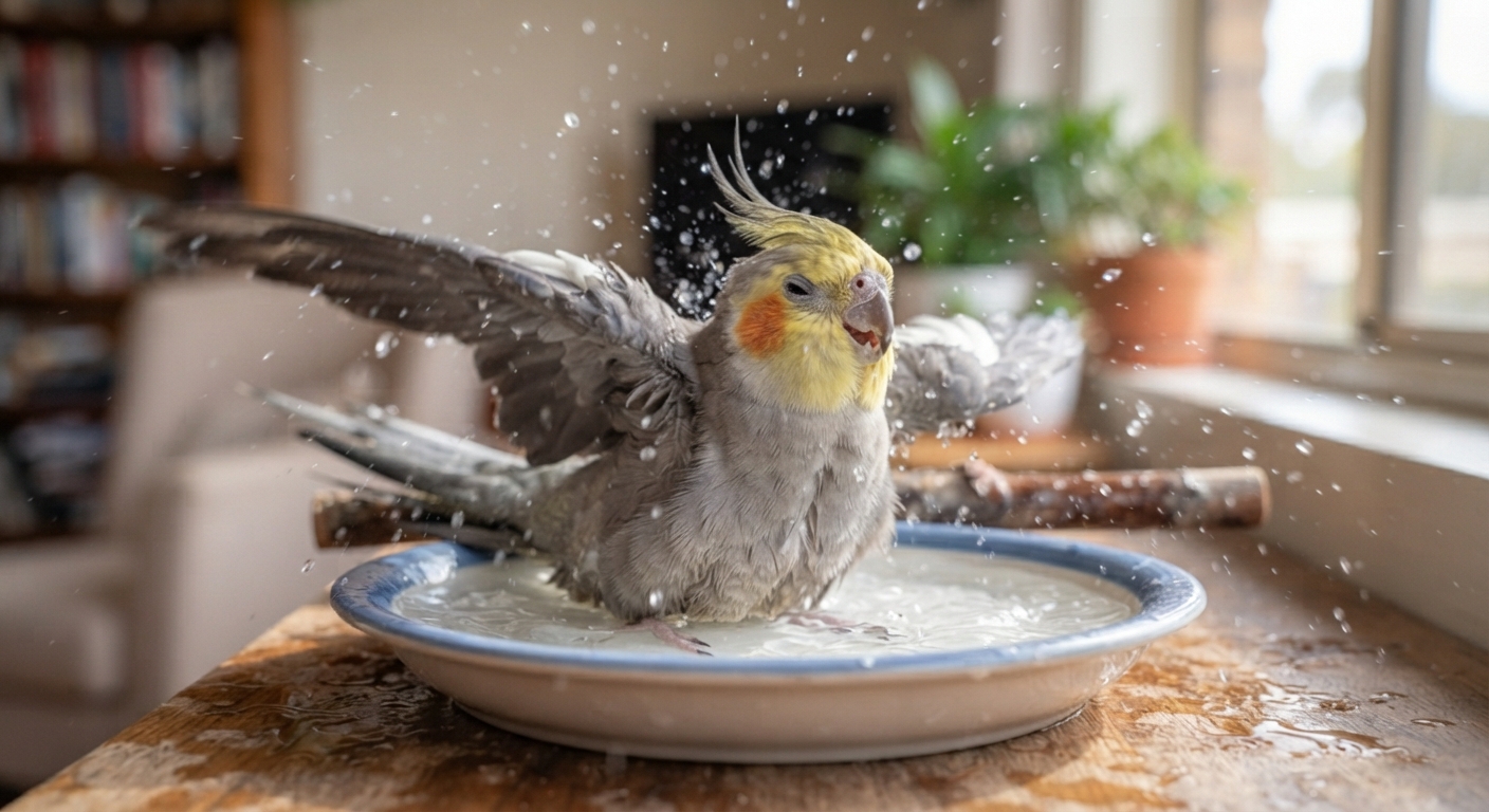 Корелла купается в ванночке с водой