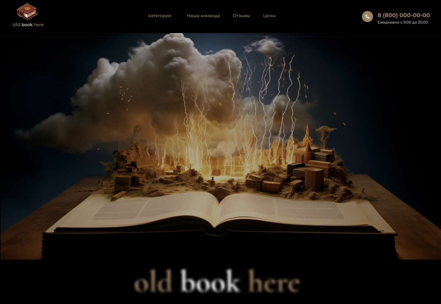 Промо-страница интернет-магазина винтажных книг с анимацией молний и подарков