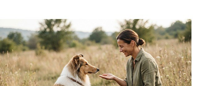 Человек занимается с колли на прогулке